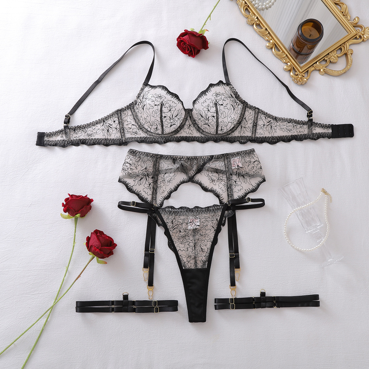 Women Sexy Floral Lace Erotic  - Sheer Mesh Bra บทวิจารณ์และราคา