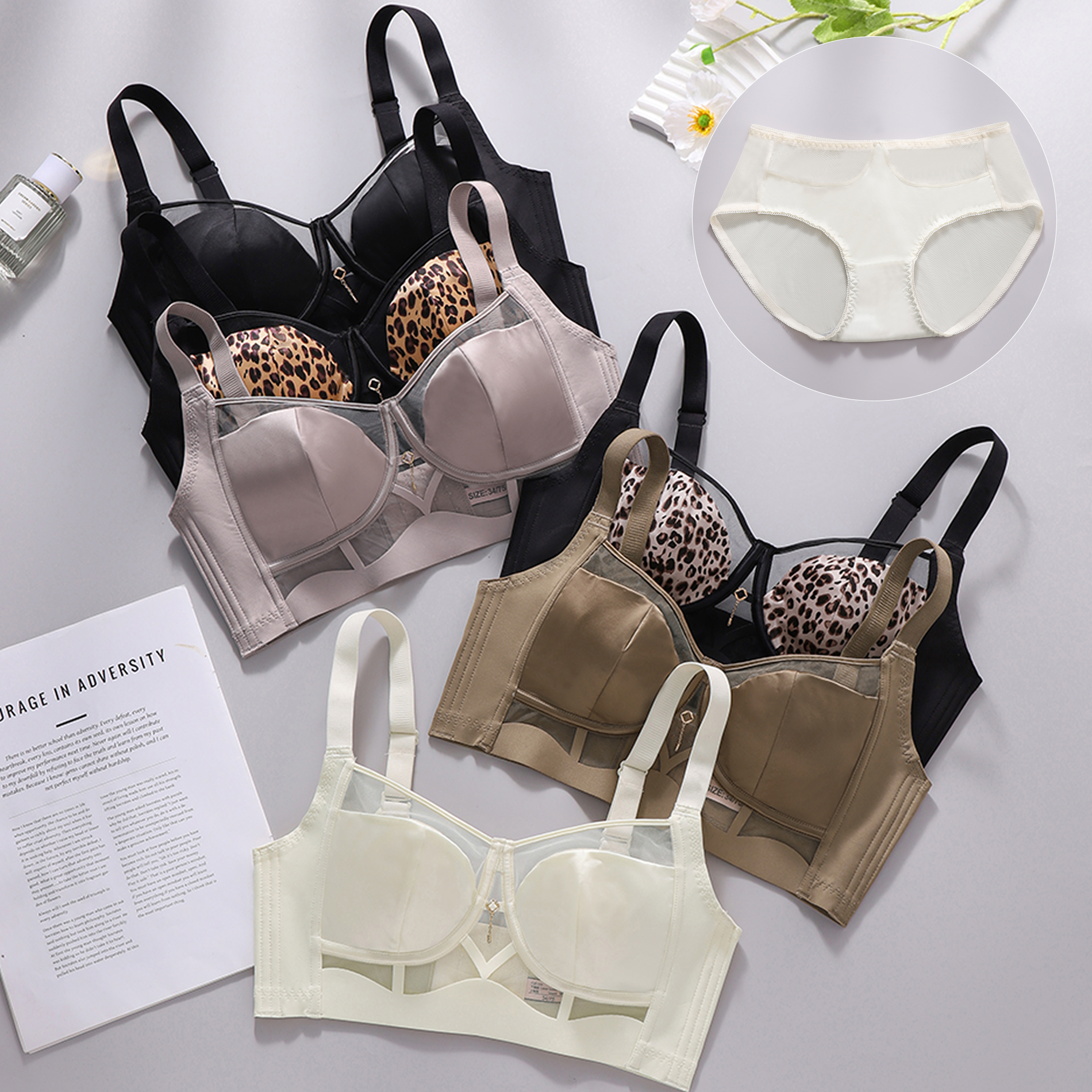 Leopard Lace Rims-Free Bra Set - Cotton Bra Everyday บทวิจารณ์และราคา
