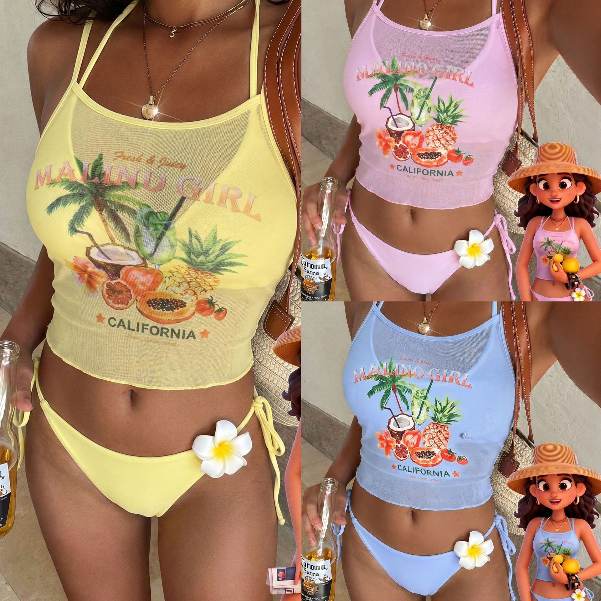 Fruit Print Bikini Bra Top Pas - Sheer Mesh Bra บทวิจารณ์และราคา
